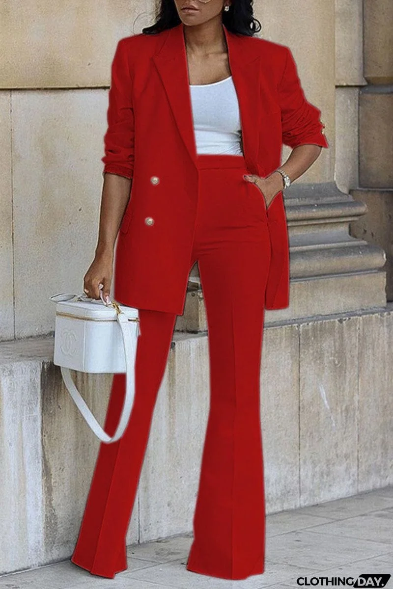 Casual Solid Patchwork Buttons Turn-back Collar Long Sleeve Two Pieces