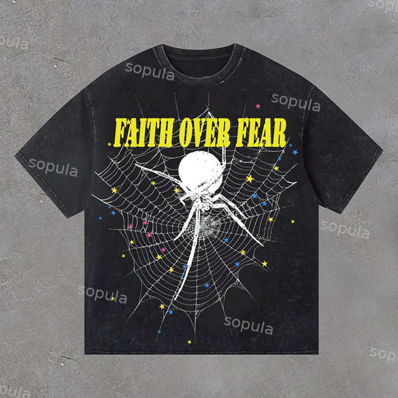Faith Over Fear & Spider Graphic Washed T-Shirt - Sopula｜Premium Graphic Tees & Graphic Clothing