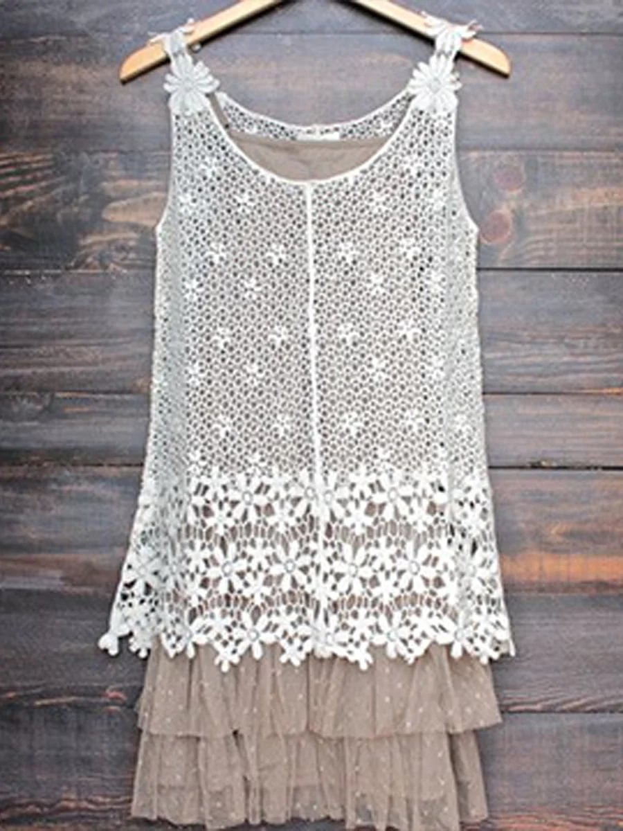 Women's Lace Hollow Floral Decoration Casual Linen Slip False Two-piece Dress