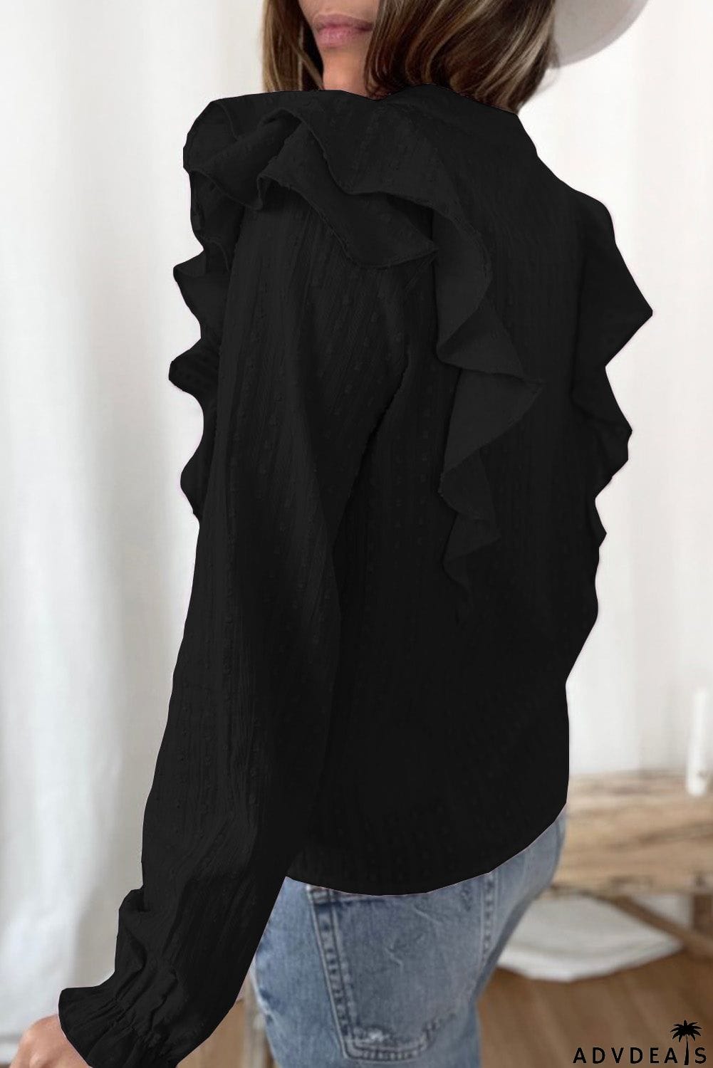 Dotted Texture Sheer Ruffles Bubble Sleeves Shirt