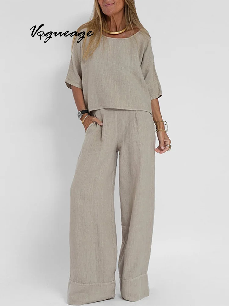 Fashion Short-Sleeved Tops Casual Pocket Trousers Women's Cotton And Linen Solid Color Two-Piece Suit