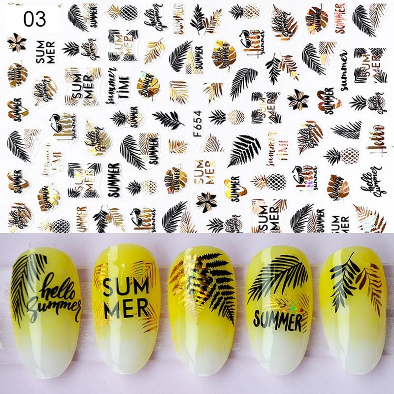 1 Sheet iridescent Nail Sticker Black leave 3D Transfer Beautiful Nail Decals Decoration Summer Popupar DIY Nail Design