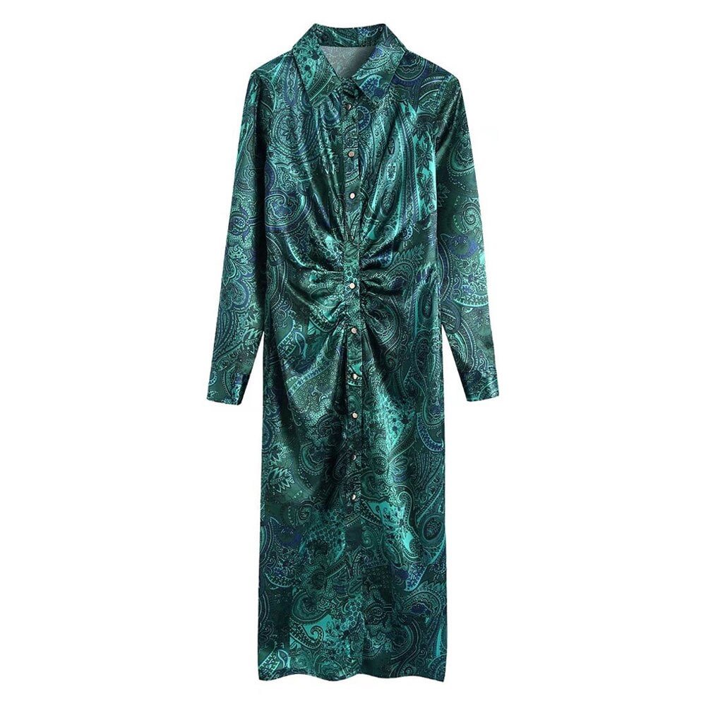 TRAF Women Fashion Front Gathered Paisley Print Cozy Midi Shirt Dress Vintage Long Sleeve Button-up Female Dresses Vestidos