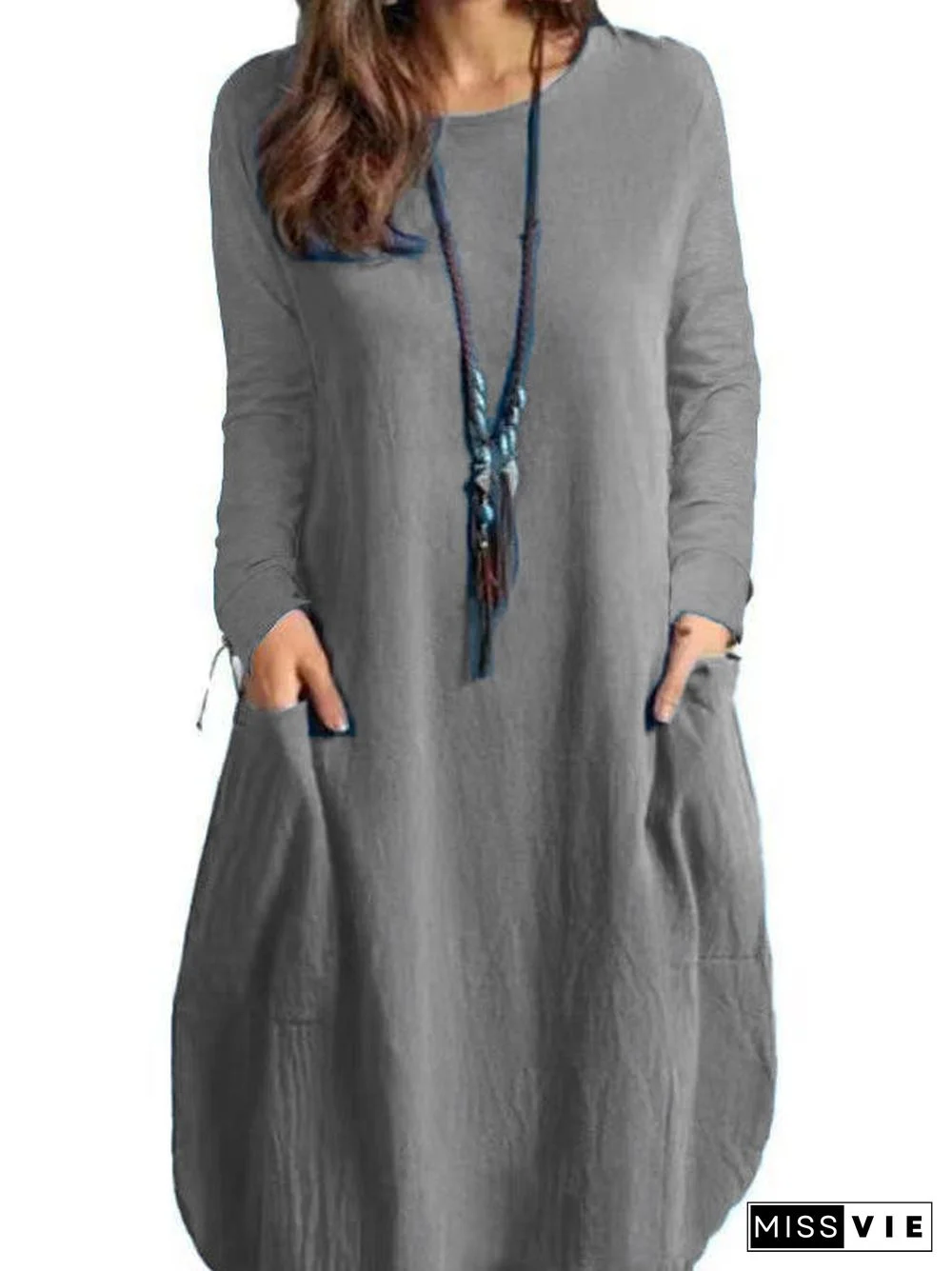 Women Long Sleeve Scoop Neck Solid Pockets Midi Dress