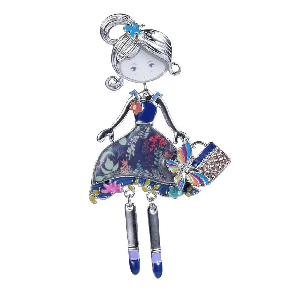 Charming Doll with Purse Enamel Brooch Pin