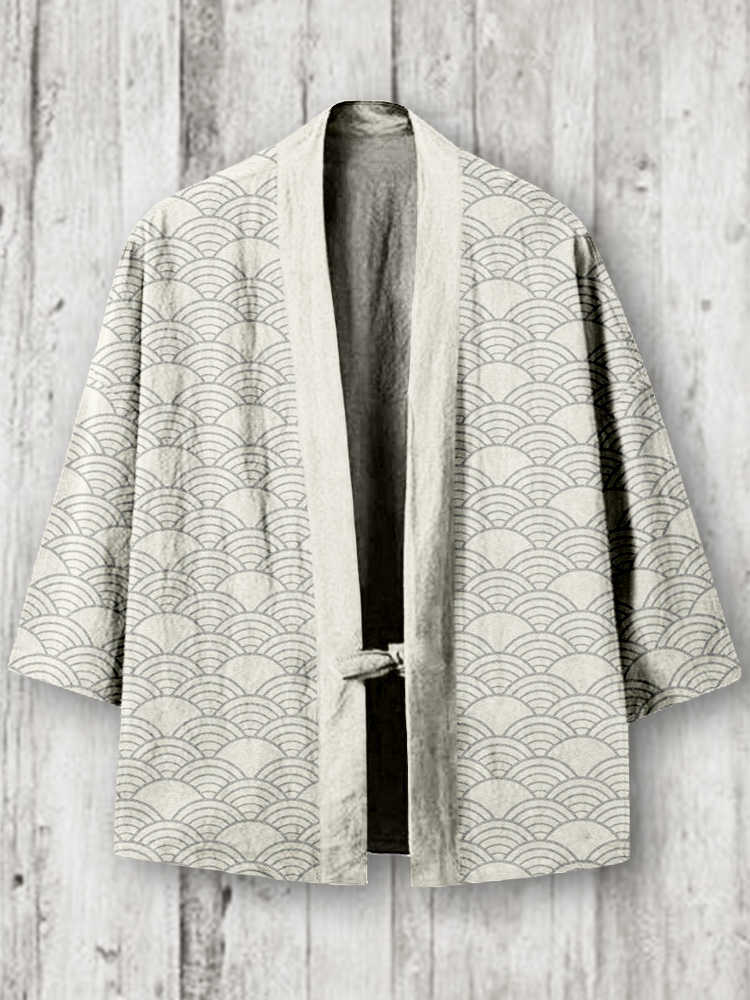menweary Traditional Japanese Waves Pattern Linen Blend Kimono Cardigan