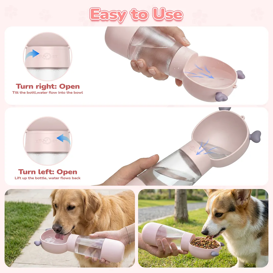 BEBANG Dog Water Bottle with Food Container, Leak-Proof Portable Pet Travel Water Cup, BPA-Free, 11.8oz/350ml Capacity for Dogs & Cats (Pink)