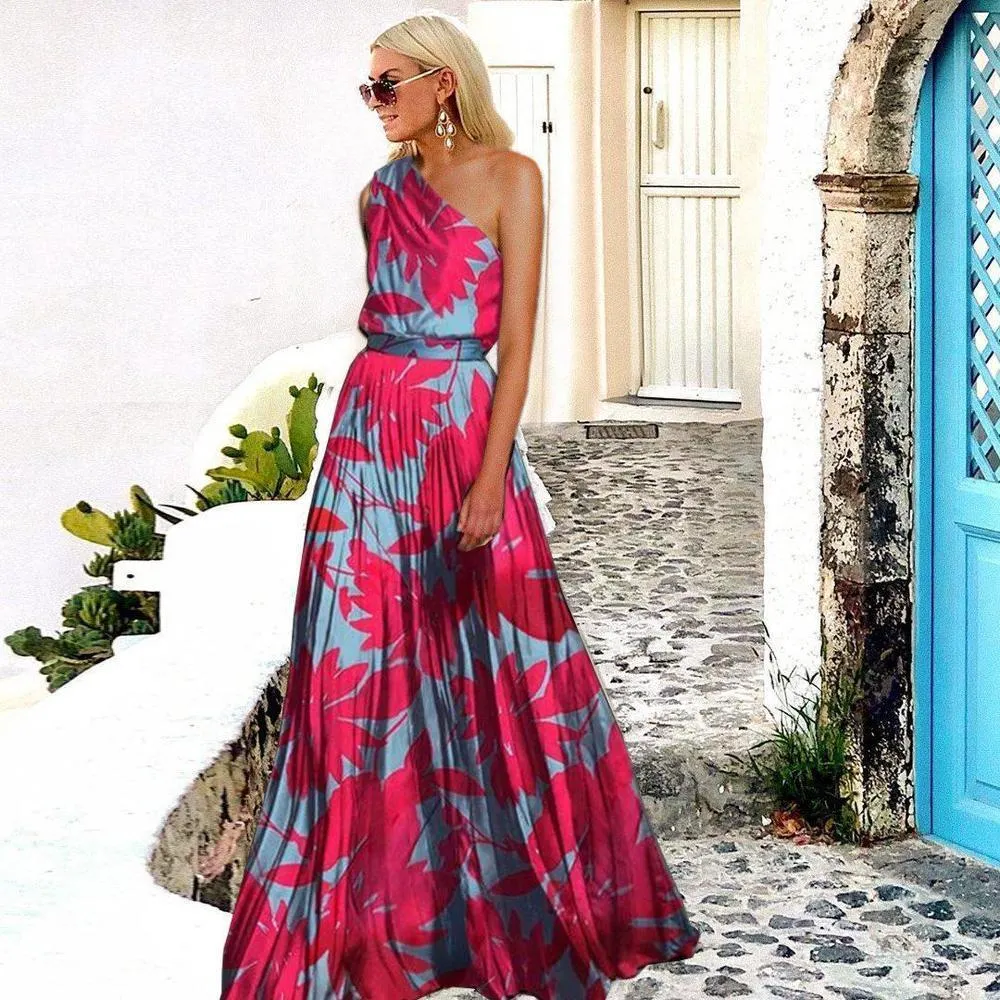 Glamorous Print Sleeveless One Shoulder Maxi Dress-vocosishoes