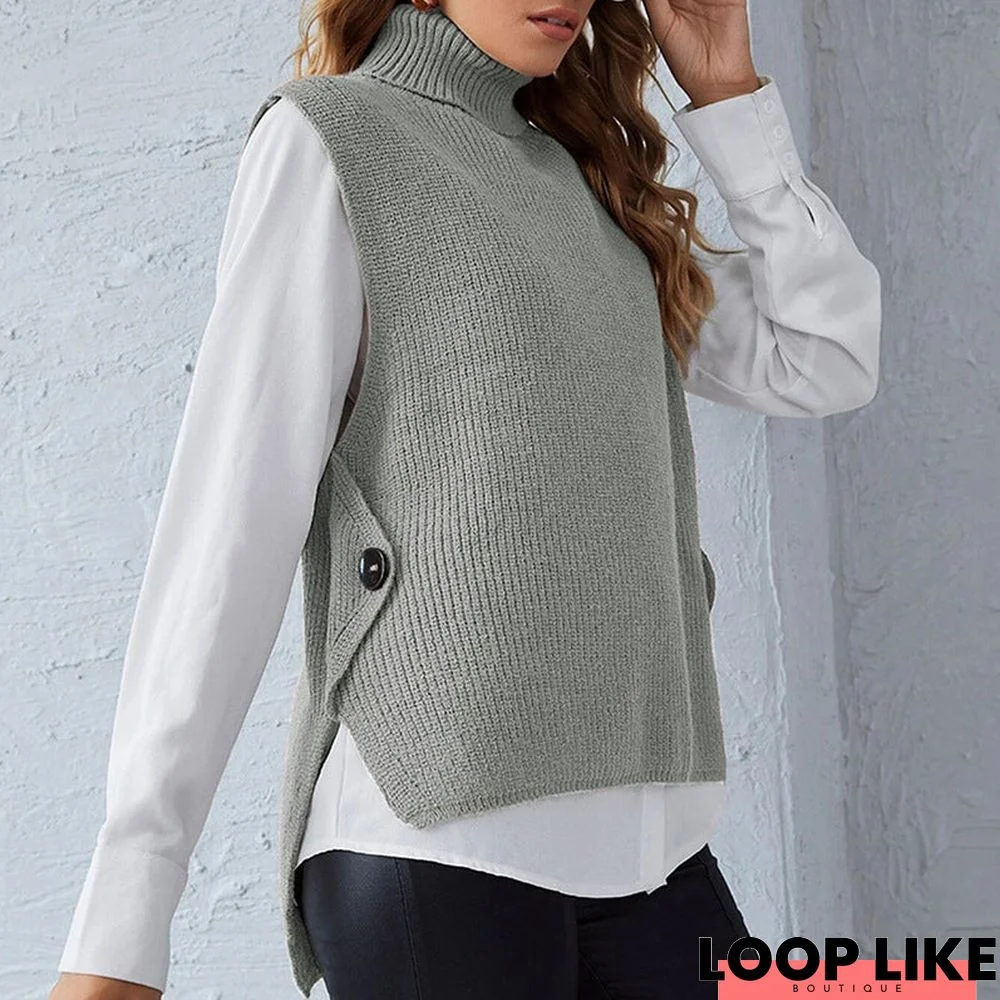 Acrylic Fiber Women's Waistcoat Solid Color Knitted Turtleneck Pullover Sleeveless Sweater