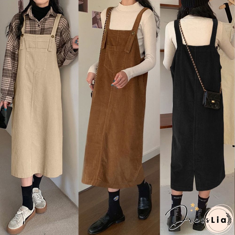Women Winter Sleeveless Corduroy Casual Loose Warm Midi Tank Dress Sundress