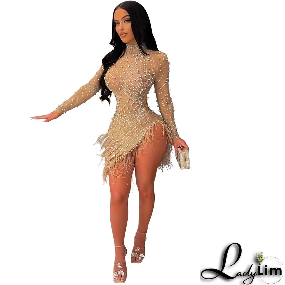 women's fashion sexy beaded dress with feather