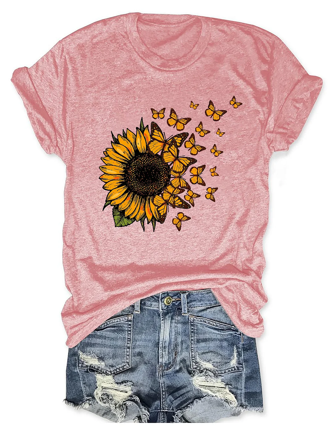 Beautiful Sunflower And Flying Butterflies T-shirt
