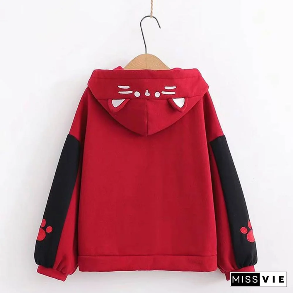 Embroidery Kitty Pocket Colorblock Hoodie