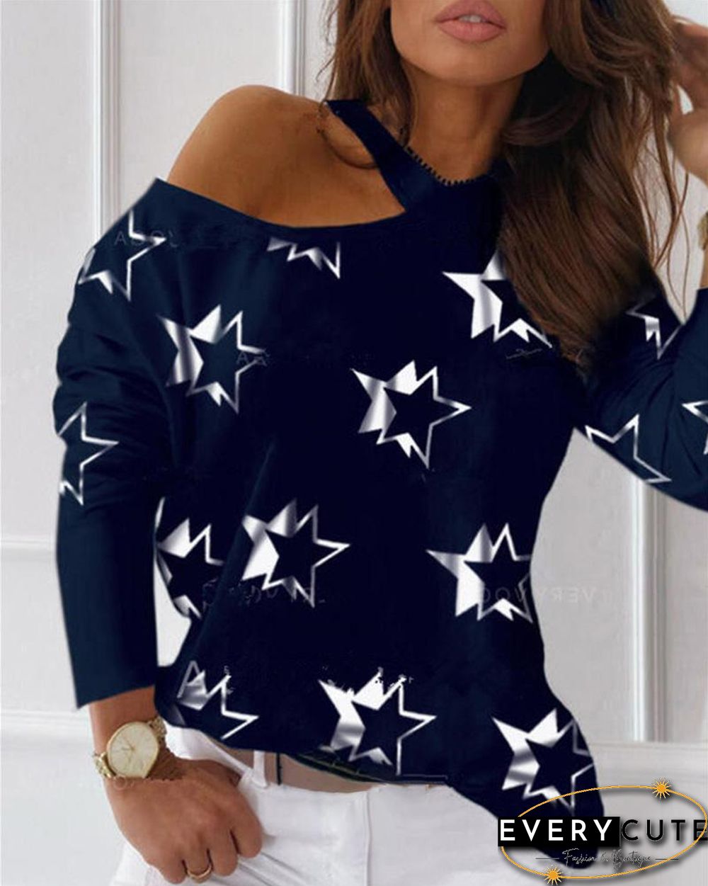 Star Print Cold Shoulder Casual T-shirt P15476