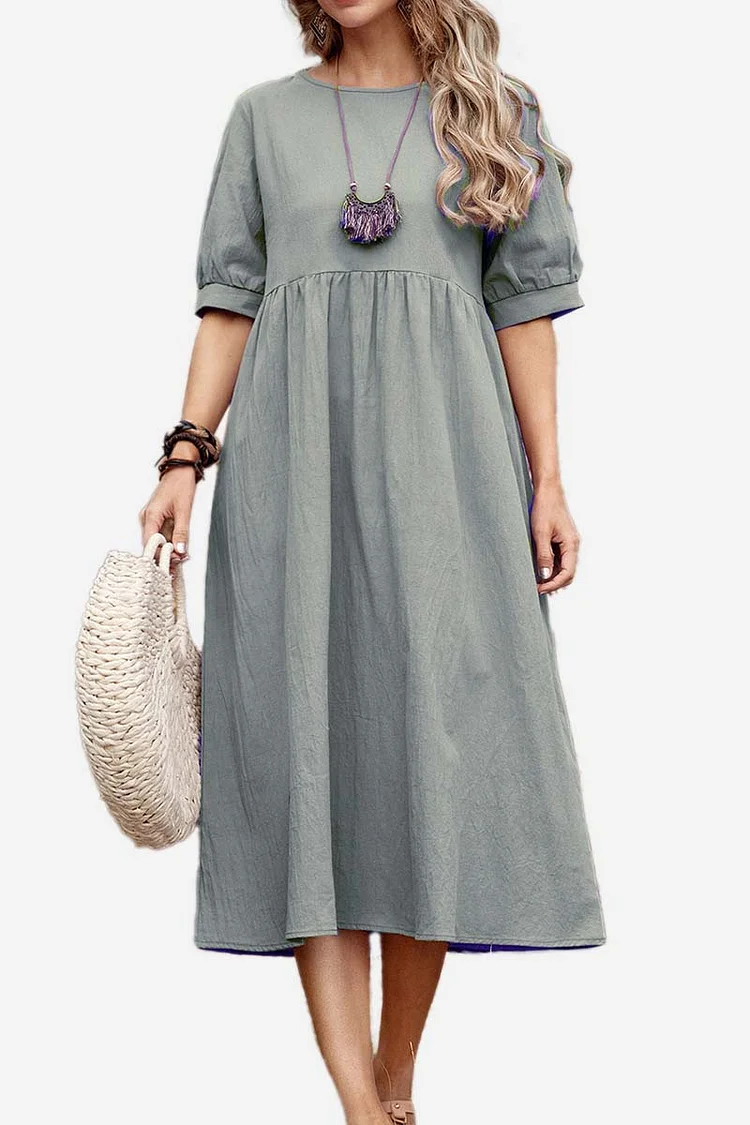 Round Neck Short Puffy Sleeve Pleated Linen Casual Midi Dress