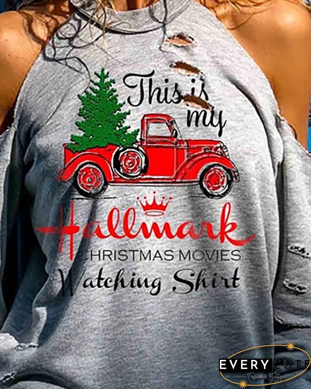Christmas Letter Car Print Cutout Cold Shoulder Top