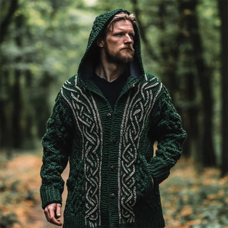 Men's Celtic Knot Vintage Cozy Knit Hooded Cardigan