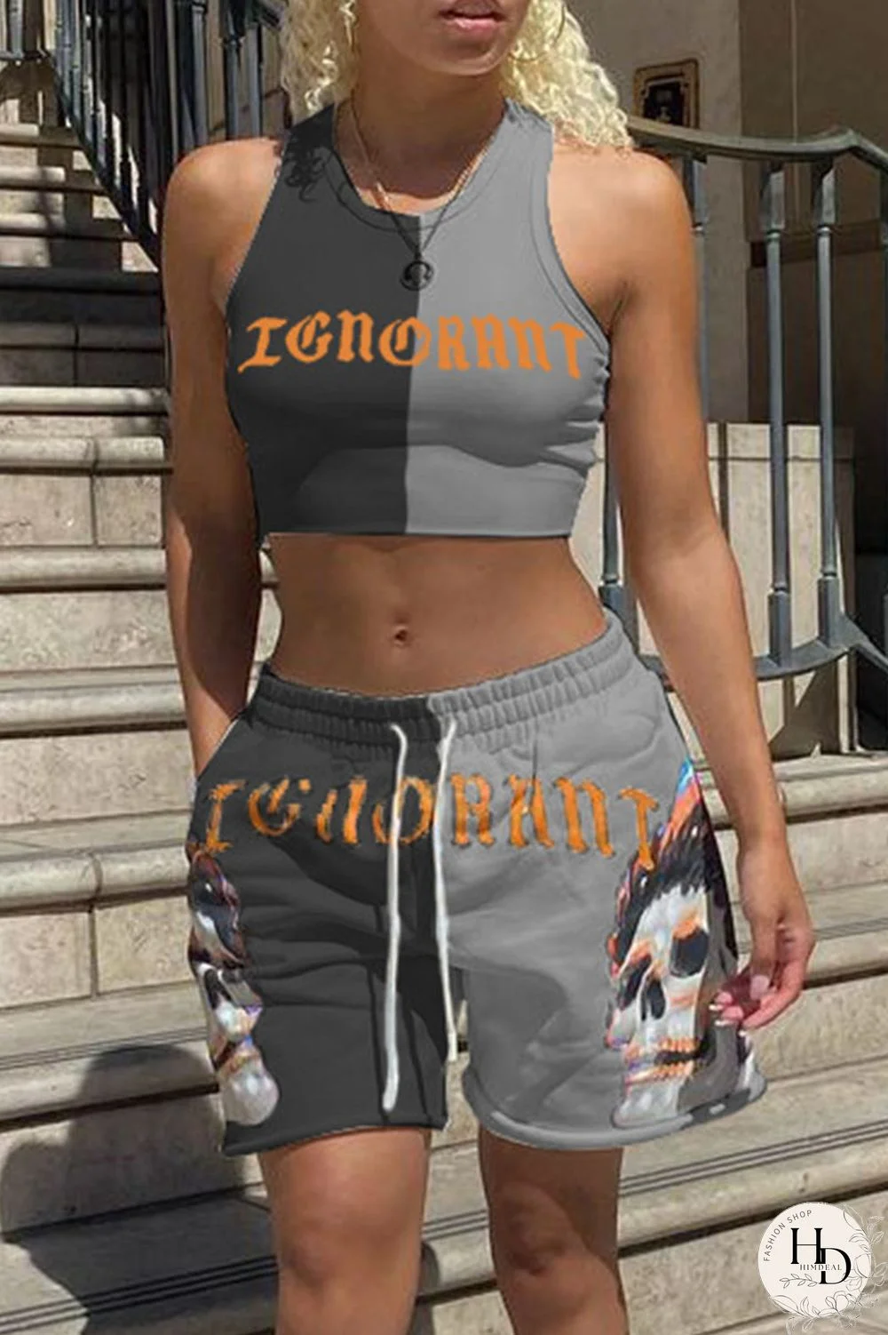 Rose Red Blue Sexy Casual Letter Print Contrast O Neck Sleeveless Two Pieces