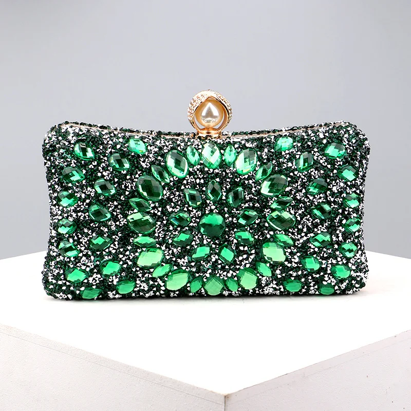 Green Casual Patchwork Chains Rhinestone Bags