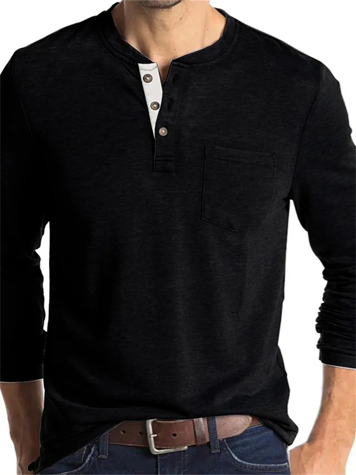 New European and American Men's Long-sleeved Men's T-shirt Solid Color Collarless Round Neck Daily Paragraph Men's Bottoming Shirt-JRSEE