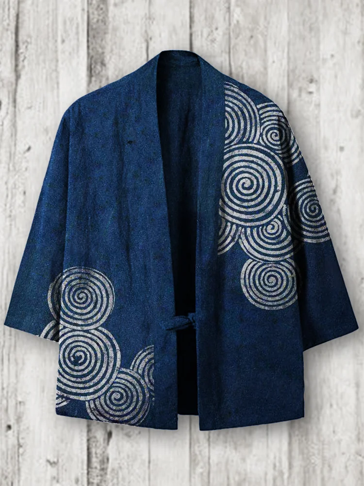 Sea Waves Ripples Japanese Lino Art Linen Blend Kimono Cardigan