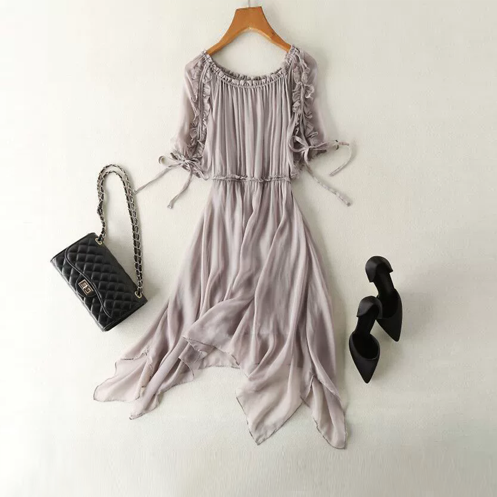 Simple yet Romantic Silk Dress with Off-the-Shoulder for Wedding REAL SILK LIFE