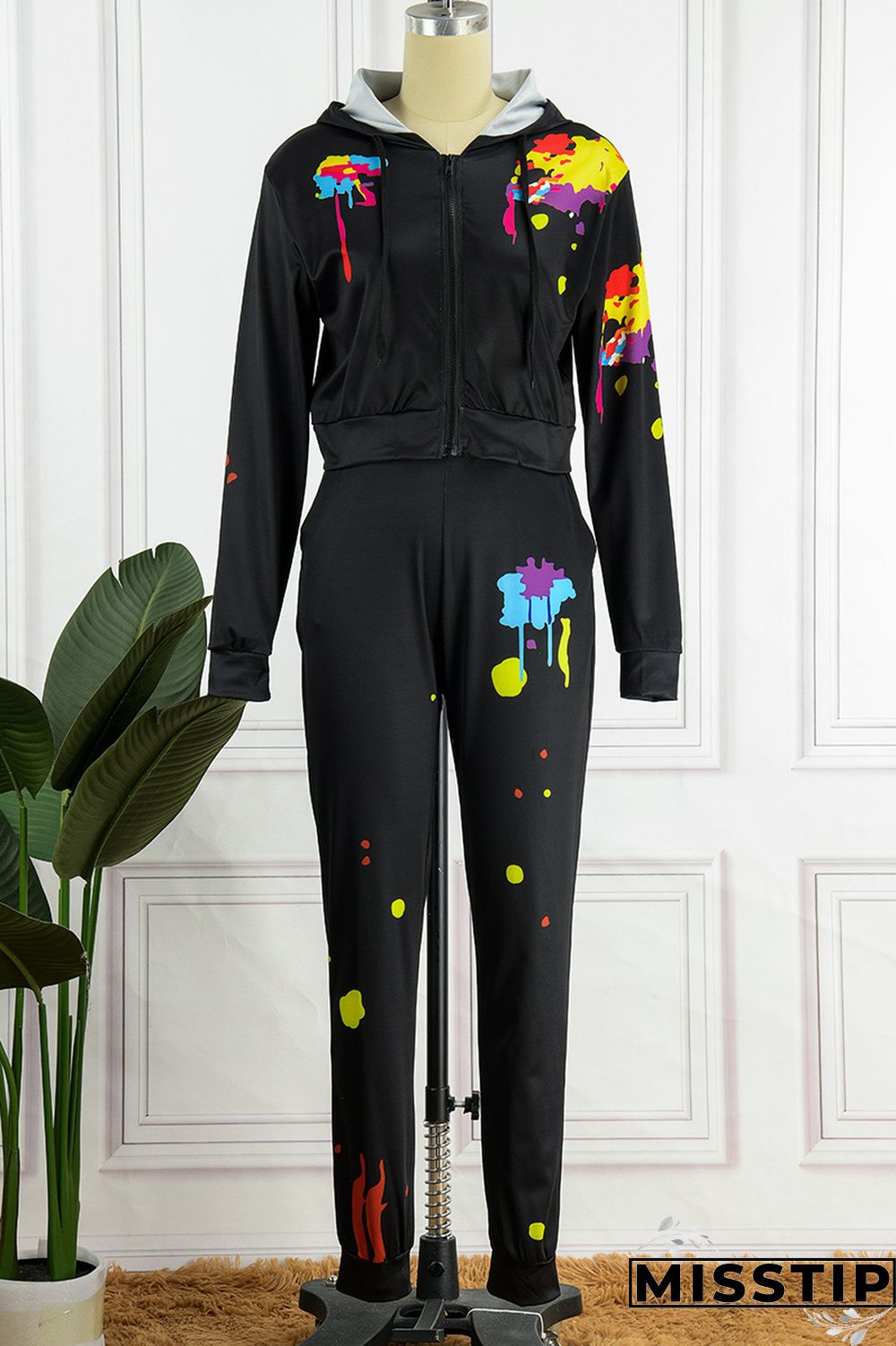 Black Casual Print Basic Hooded Collar Long Sleeve Two Pieces