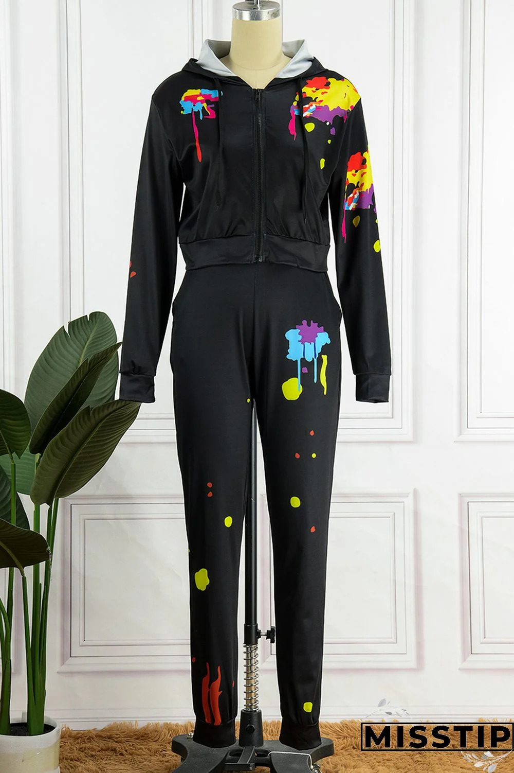 Black Casual Print Basic Hooded Collar Long Sleeve Two Pieces