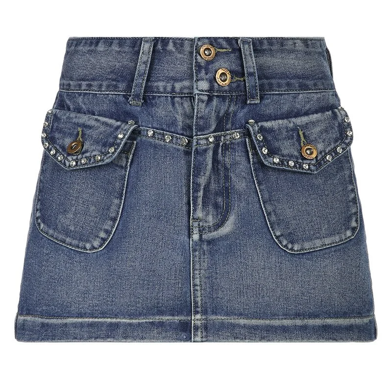 Jangj Vintage Y2k Denim Skirt Women Grunge Fairy Mini Jean Skirts Cyber Pockets Punk Retro Clubwear Hippie Blue Straight Short Skater