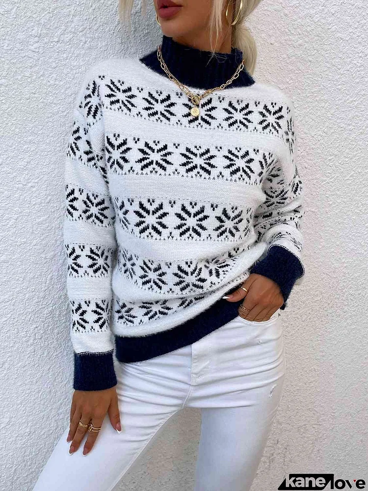 Snowflake Pattern Mock Neck Sweater