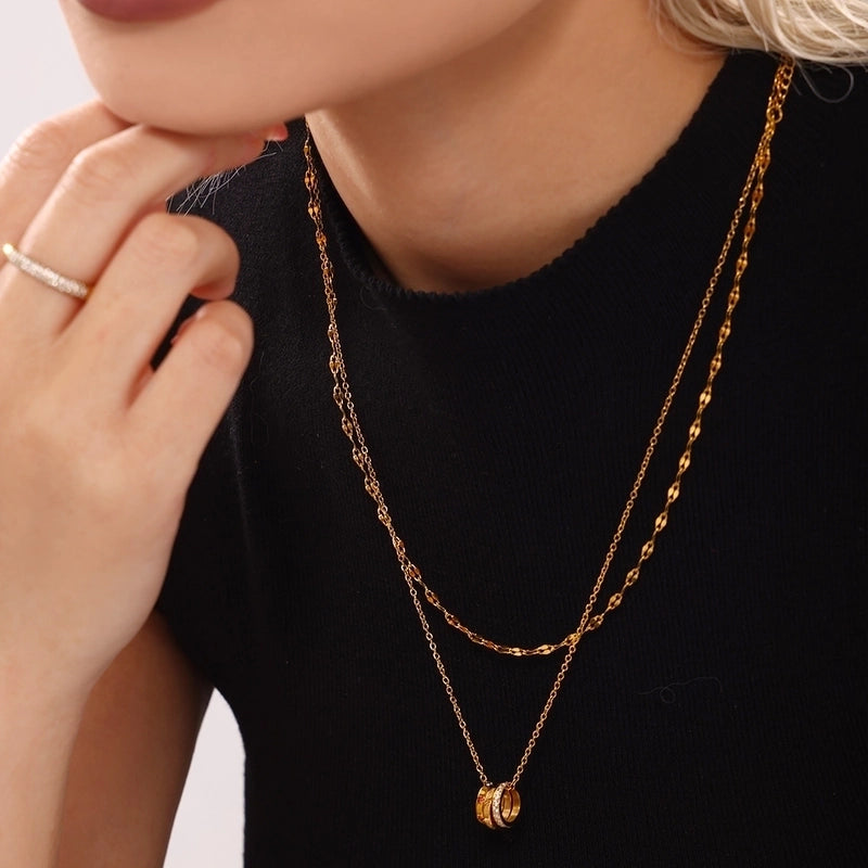Elegant Classic Style Three Rings Letter 304 Stainless Steel Zircon 18K Gold Plated Pendant Necklace
