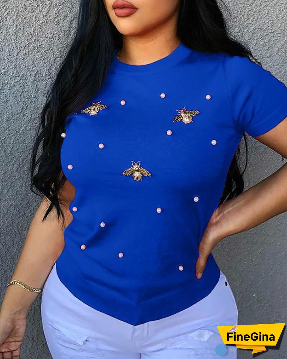 Beaded Detail Short Sleeve T-Shirt P10177