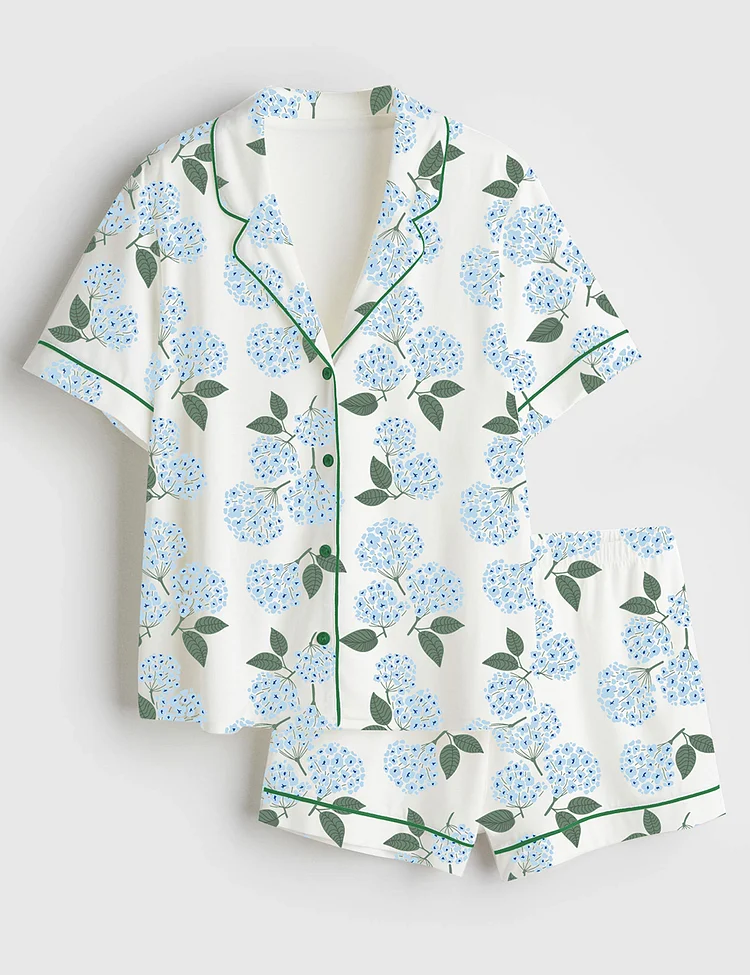Women&rsquo;s Blue Hydrangea Nantucket Cottage Short Sleeve Satin Pajama Set