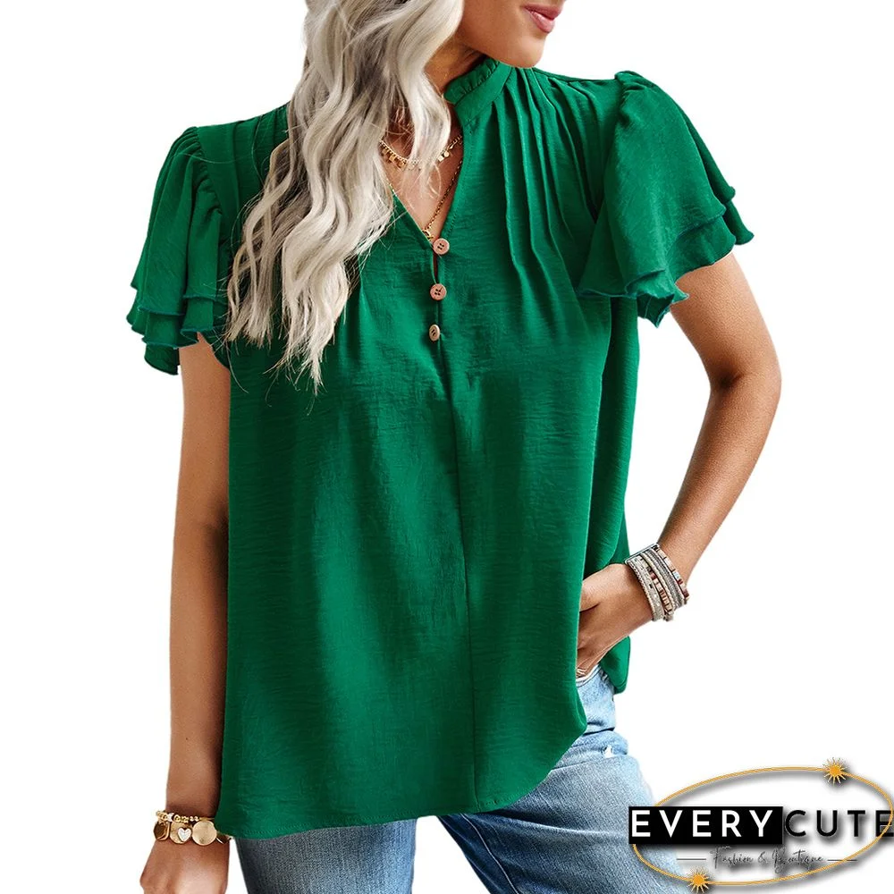 Green Pleated Button Ruffle Short Sleeve Blouse