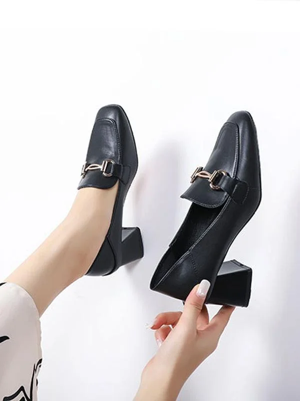 Fashionable metal buckle casual high-heel chunky square toe loafers