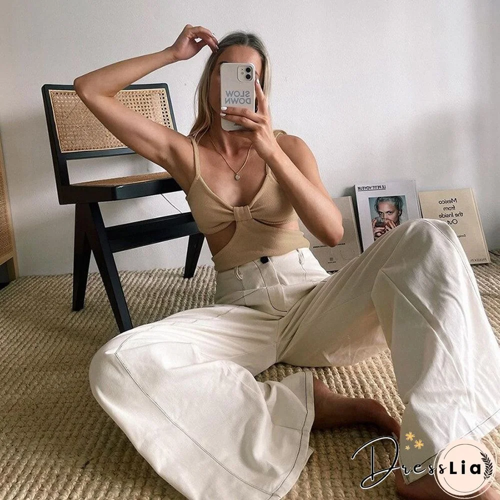 Fashion Sexy Hollow Out V Neck Solid Rib Knit Female Camisole New Summer Casual Slim Stretch Basic Wild Women Crop Top