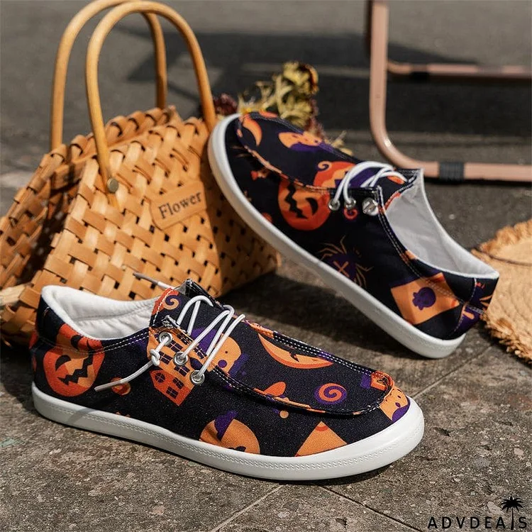 Female Large Size Halloween Skull Pumpkin Print Casual Loafers