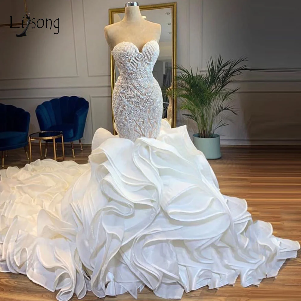 Mermaid Beaded Top Ruffled Organza Wedding Dresses Discount Luxury Wedding Dresses Online