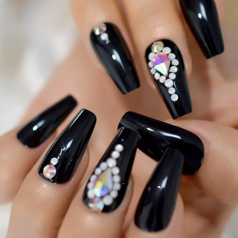 Salon Perfect Artificial Nails 3D Rhinestones Decorative White Nude Faux Ongles Long Ballerina Trapezoid Tips-Nail Inspo