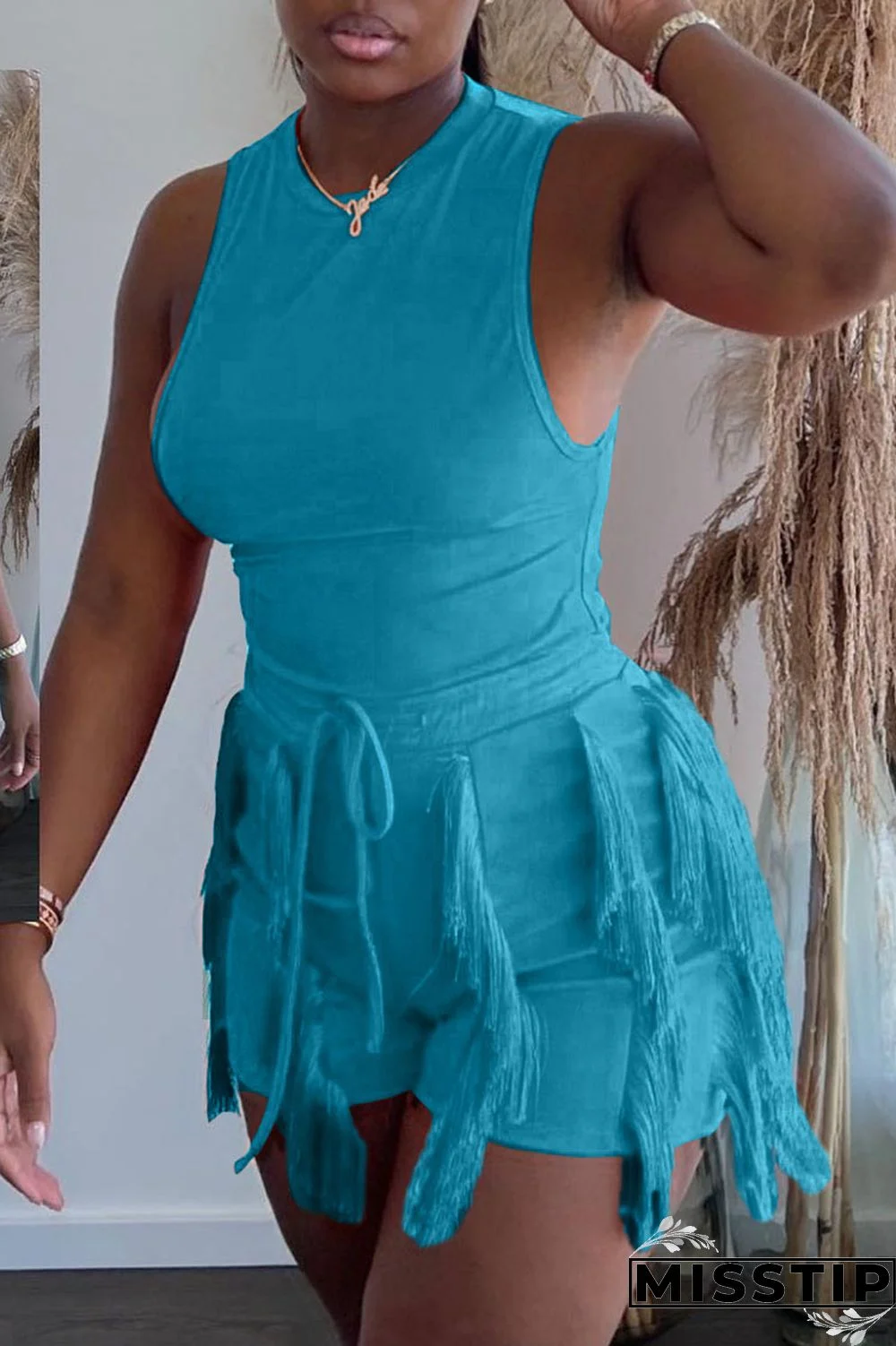 Peacock Blue Casual Solid Tassel Patchwork O Neck Sleeveless Two Pieces