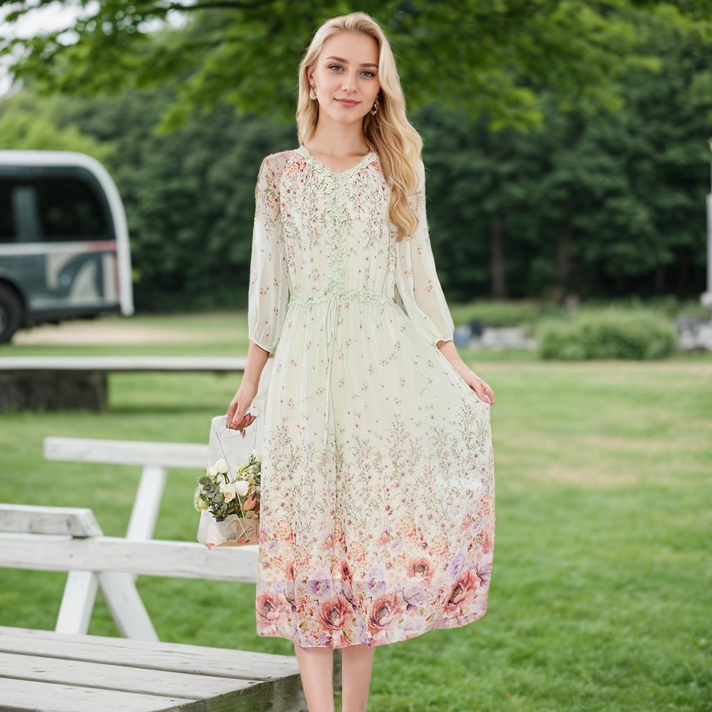 Women's Silk Floral Dress Sheer Sleeve For Wedding Guest REAL SILK LIFE