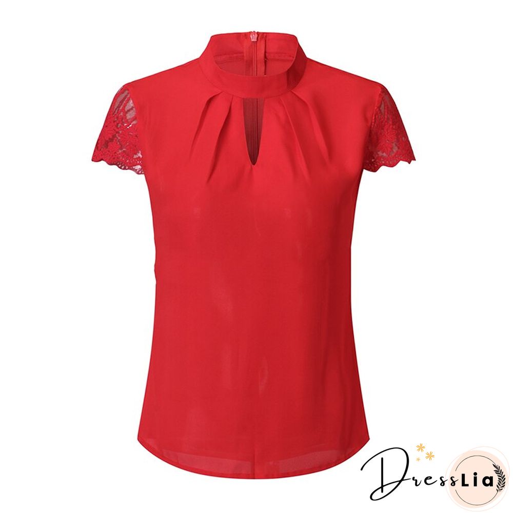 Lace Stitching Top Sexy Shirt Summer Women's Chiffon Top Stand-up Collar Lace Short-sleeved Elegant Ladies Shirt