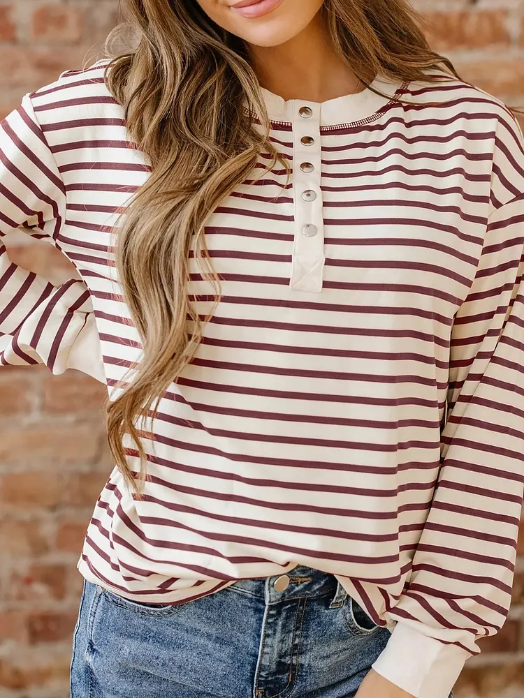 Striped Drop Shoulder Long Sleeve Henley Top