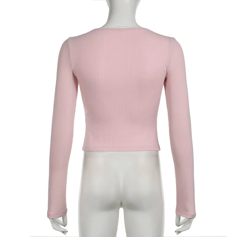 V-Neck Contrast Solid Color Long-Sleeved Top