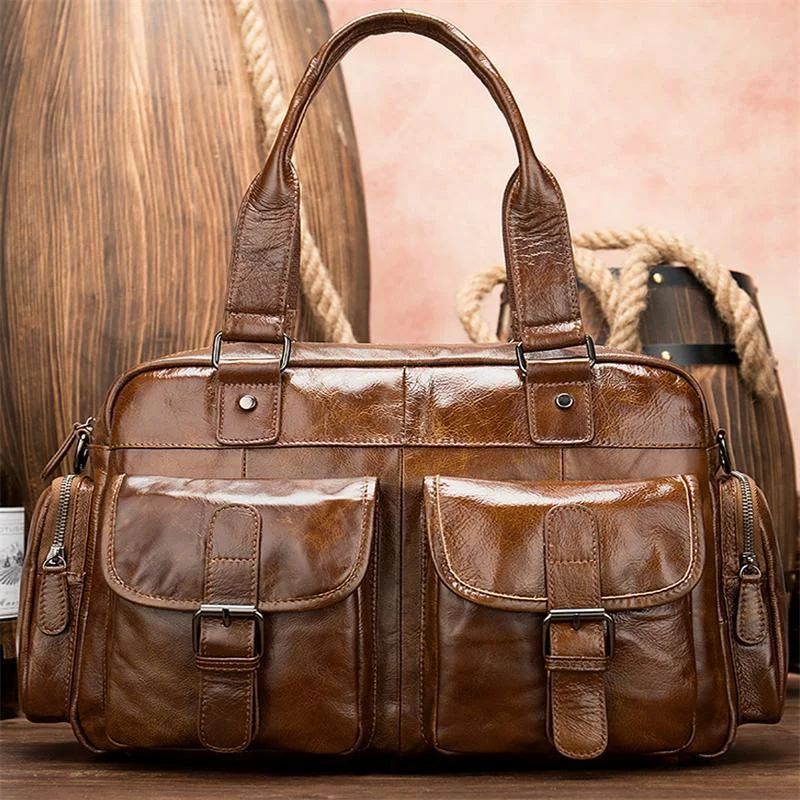Men's Business Handbag Large Capacity Retro Leather Travel Shoulder Bag