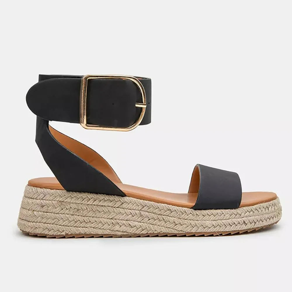 Round Toe Platform Heel Black Buckle Fastening Strappy Sandals