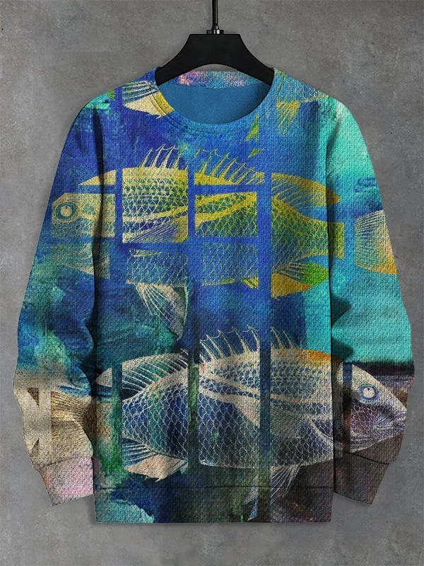 Men's Retro Fish Art Print Casual Sweatshirt