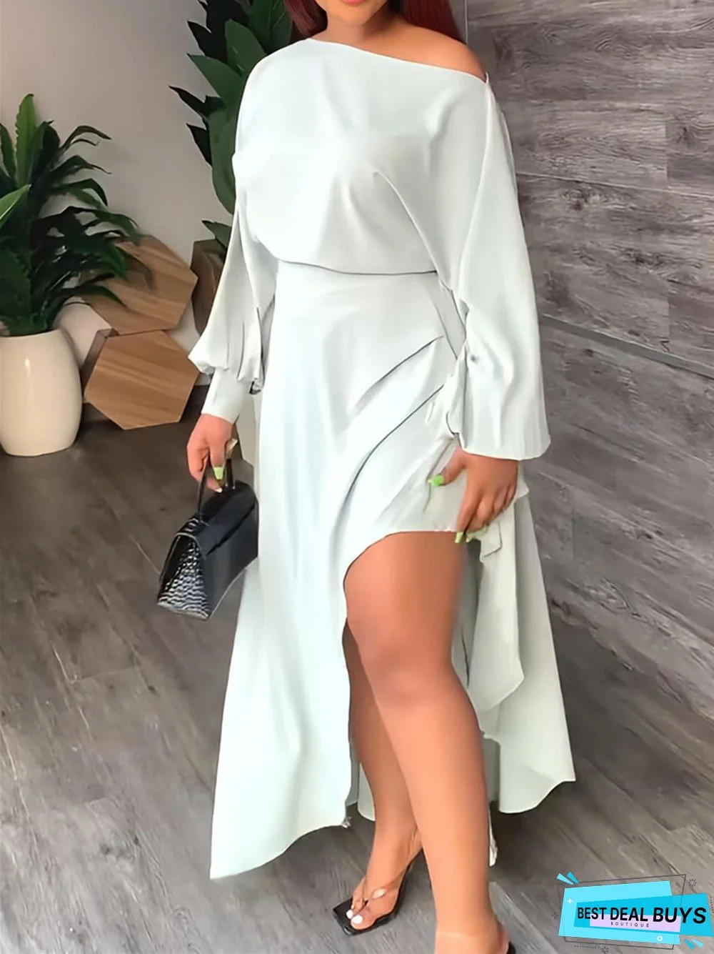 Solid Color Long sleeved Irregular Dress with Slanted Shoulders