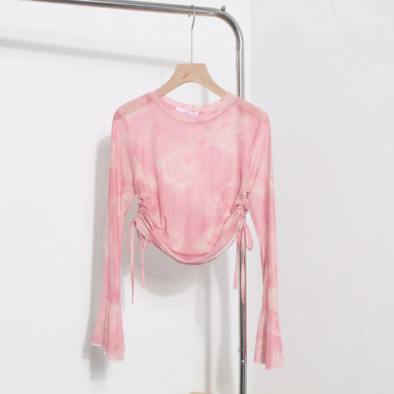 Uveng Solid Shot Tie Dyed Mesh Yarn Small Lequine Horn Long Sleeve Thin T-Shirt Drawstring With Short Repair Body Coat 6929
