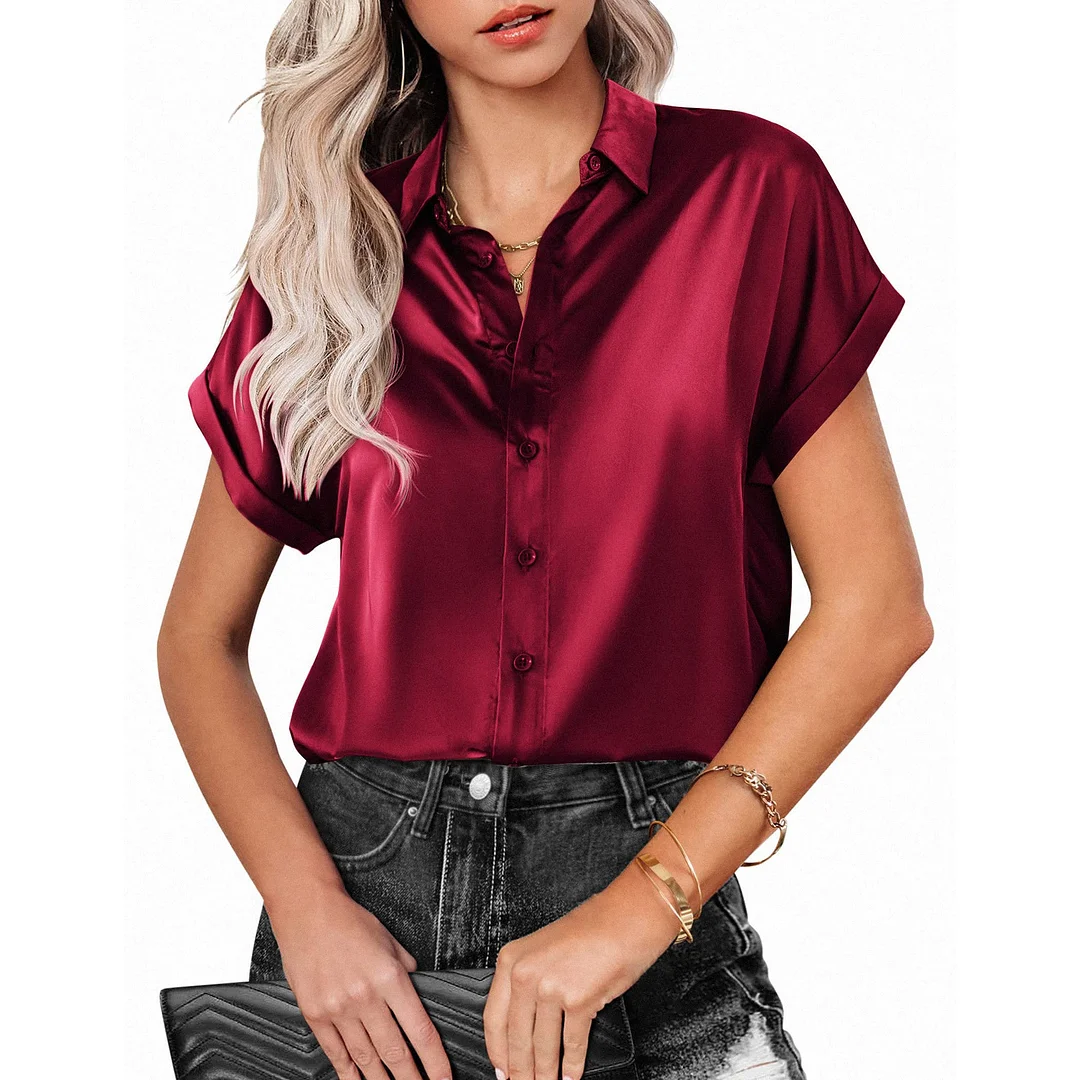 Uveng Solid Color Satin Sleeve Button Shoulder Blouses
